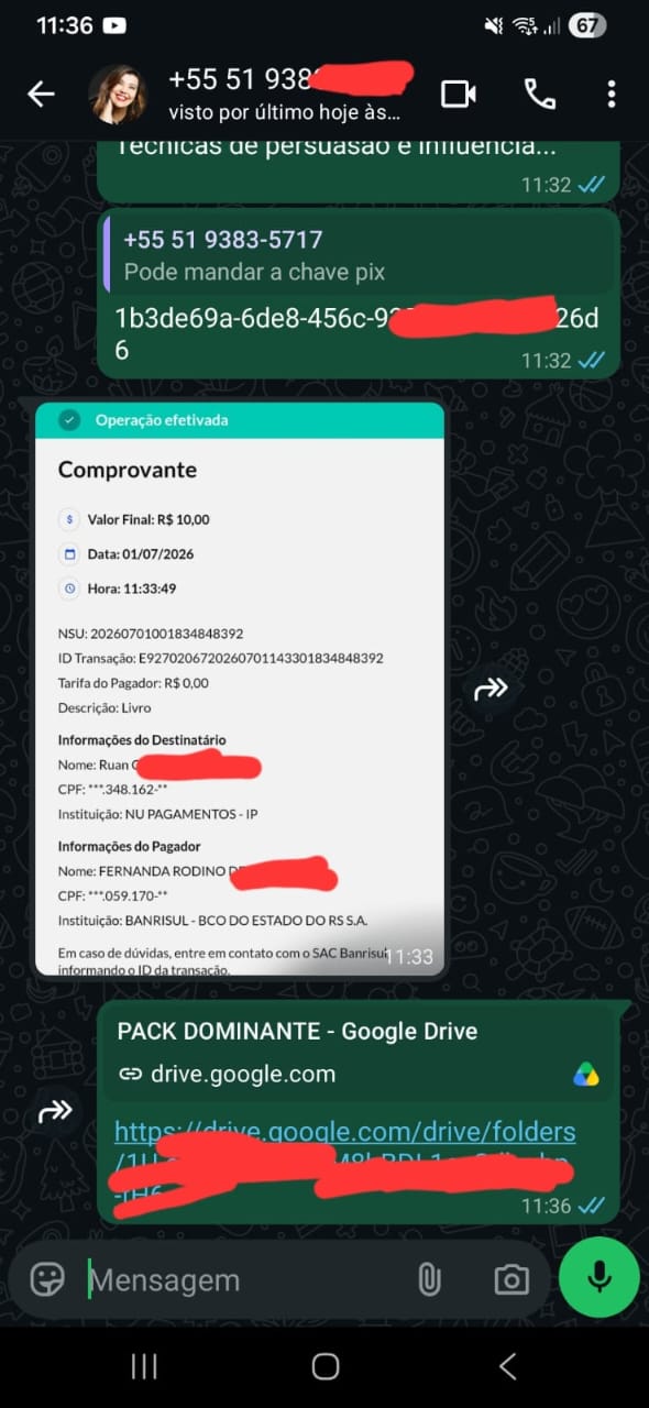 Comprovante Pix e entrega do Pack Dominante no Drive